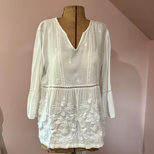 White Embroidered Rayon (cotton look) Raised Waist Tunic Top